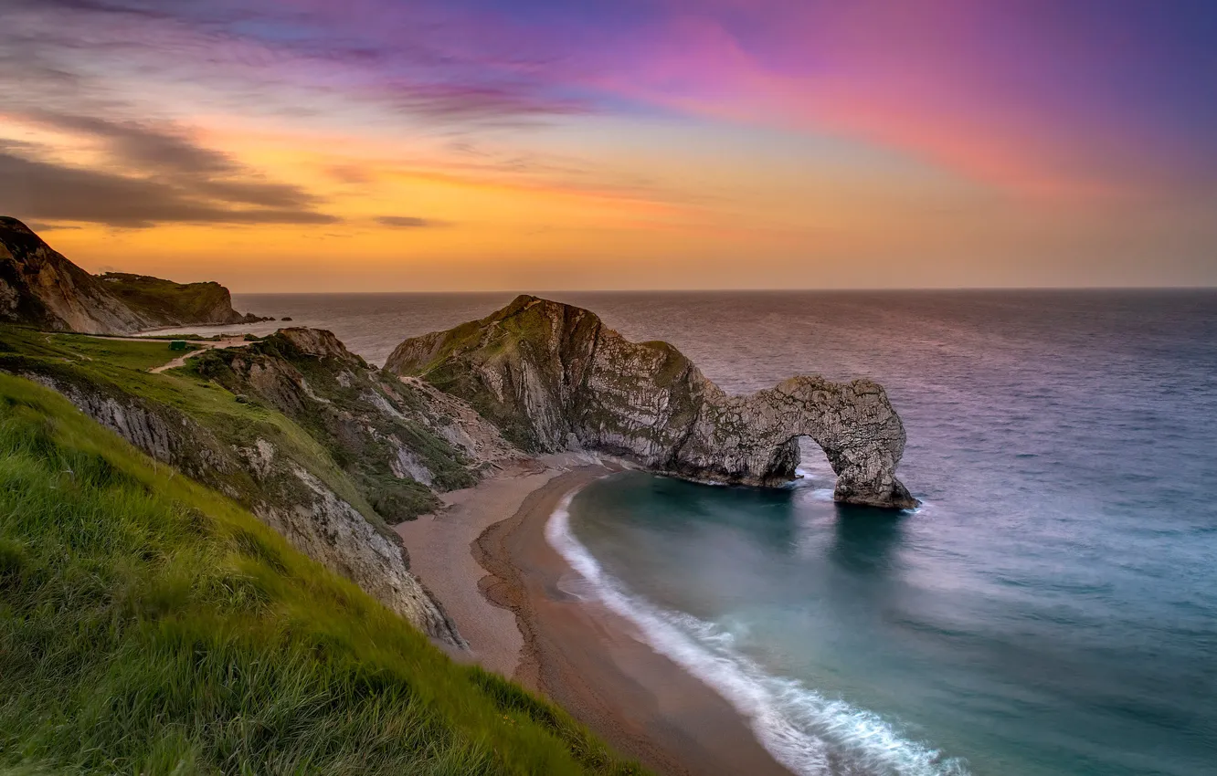 Photo wallpaper sea, sunset, rocks, coast, England, arch, England, The Channel, English Channel, Dorset, Dorset, Jurassic Coast, …