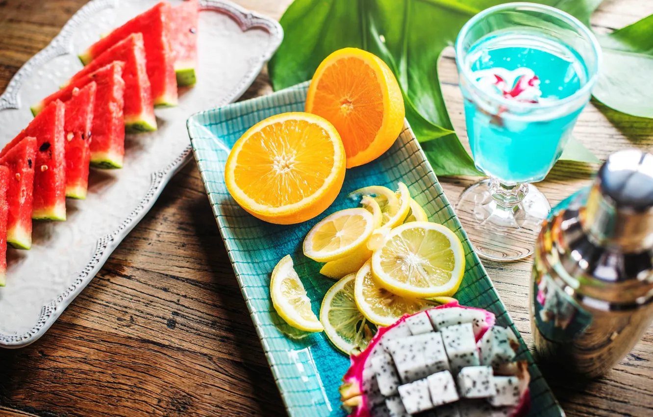 Photo wallpaper table, orange, watermelon, fruit, drinks
