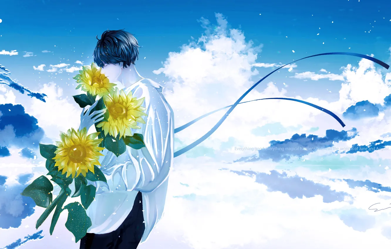 Photo wallpaper clouds, sunflowers, flowers, guy, by 世