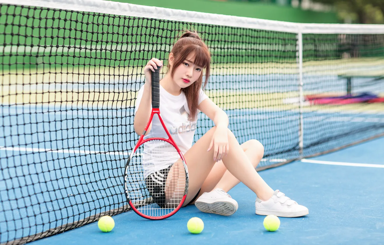 Photo wallpaper look, mesh, racket, athlete, red hair, red hair, look, tennis court, athlete, mesh, tennis court, …