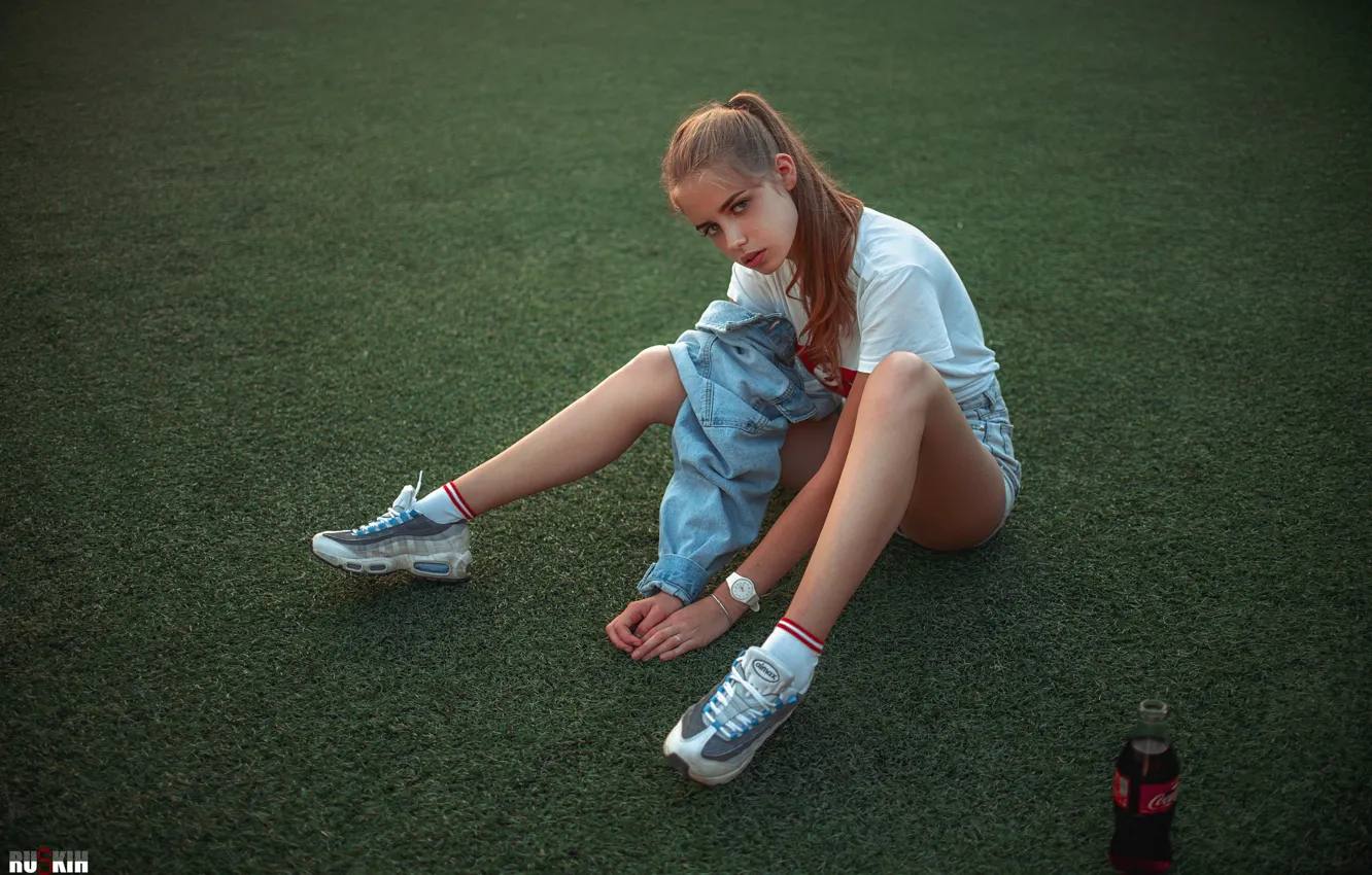 Photo wallpaper shorts, Girl, drink, legs, sitting, sneakers, Sasha Rusko, Dasha Kaisarova Street