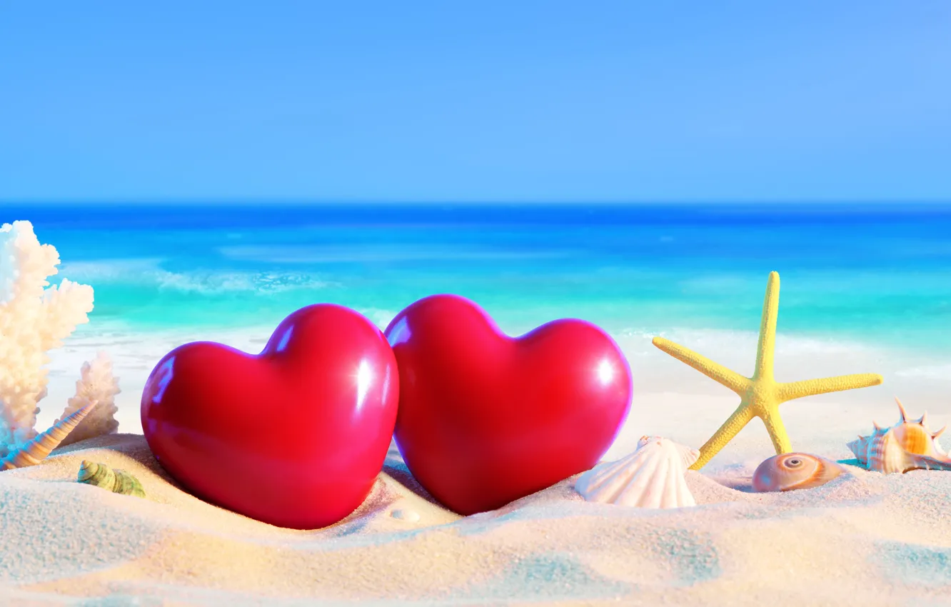 Photo wallpaper sand, sea, beach, summer, stay, hearts, shell, summer, beach, vacation, sea, sand, hearts, vacation, starfish, …