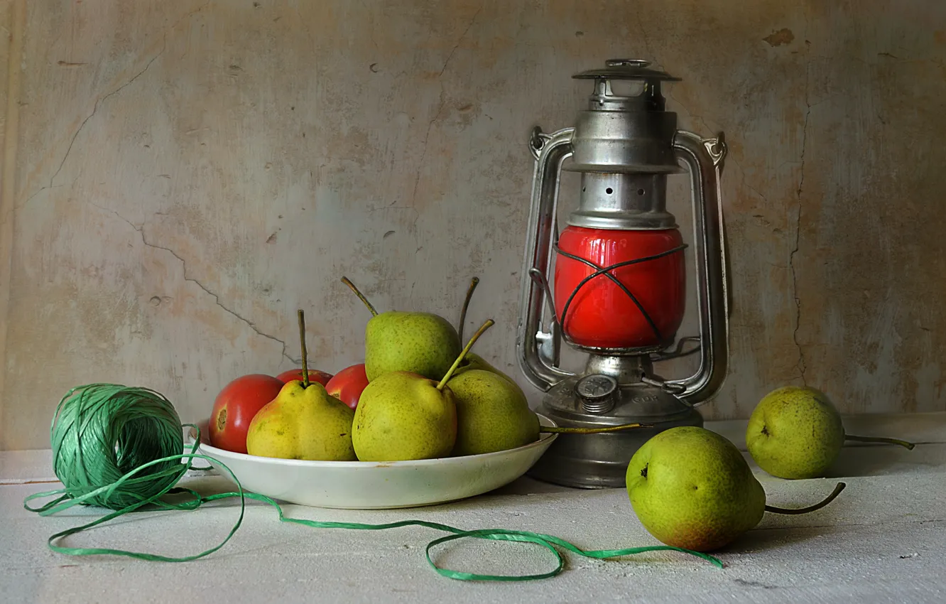 Photo wallpaper table, lantern, tape, fruit, still life, pear, rope