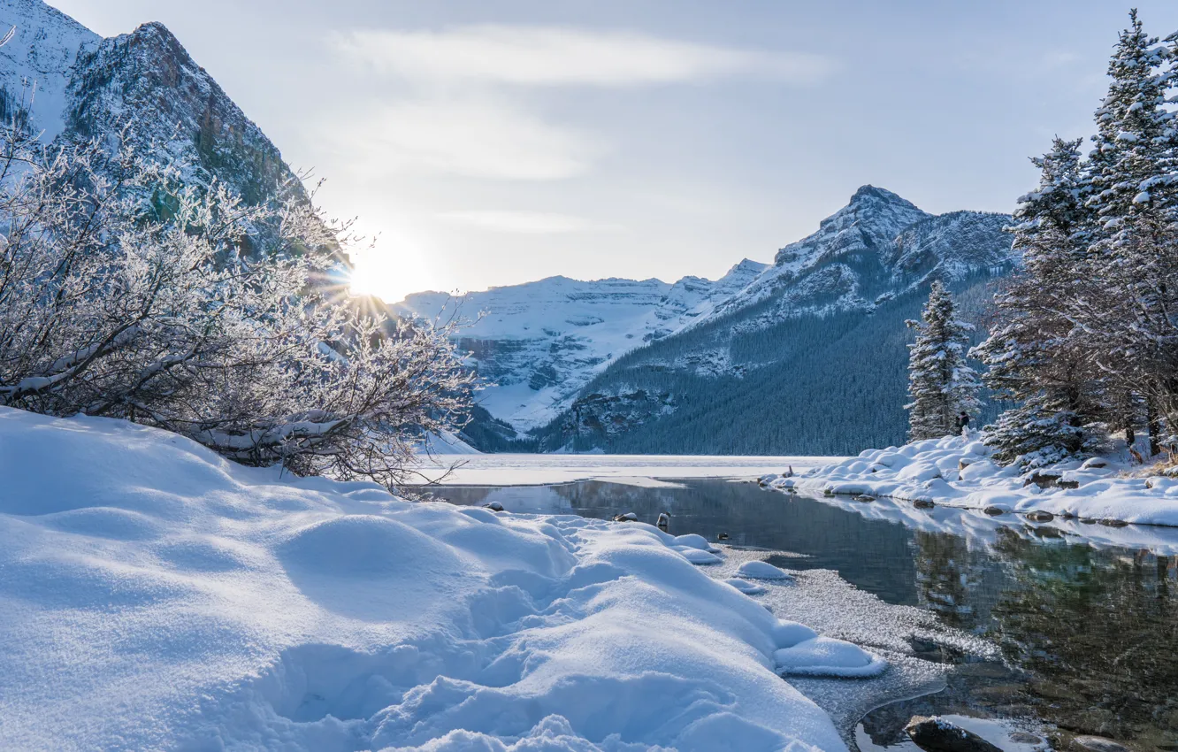 Photo wallpaper winter, snow, trees, mountains, lake, Canada, the snow, Albert, Banff National Park, Alberta, Lake Louise, …