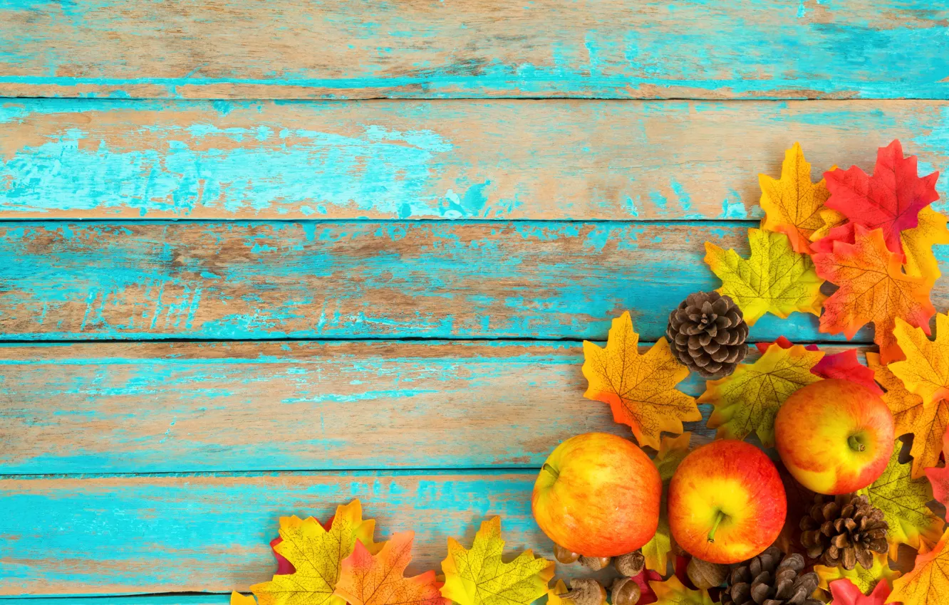Wallpaper autumn, leaves, background, apples, colorful, bumps, wood ...
