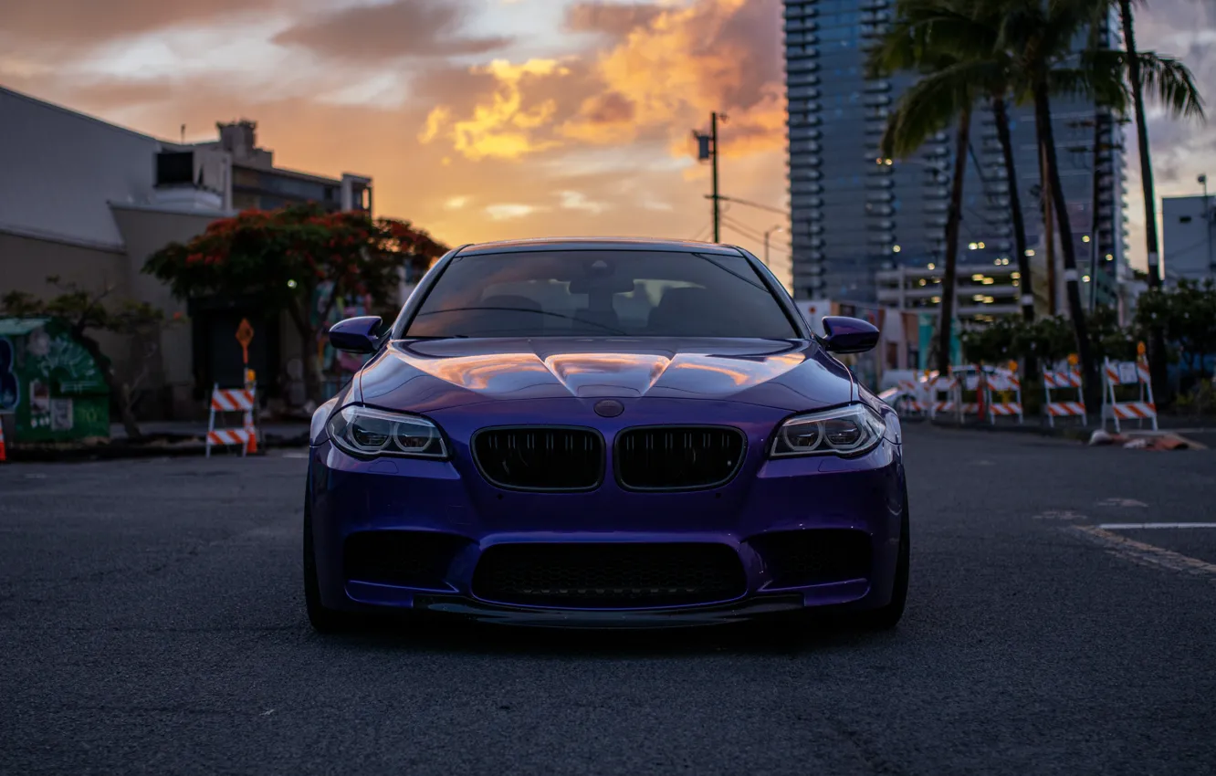 Photo wallpaper BMW, Purple, Front, Sunset, Evening, Face, F90