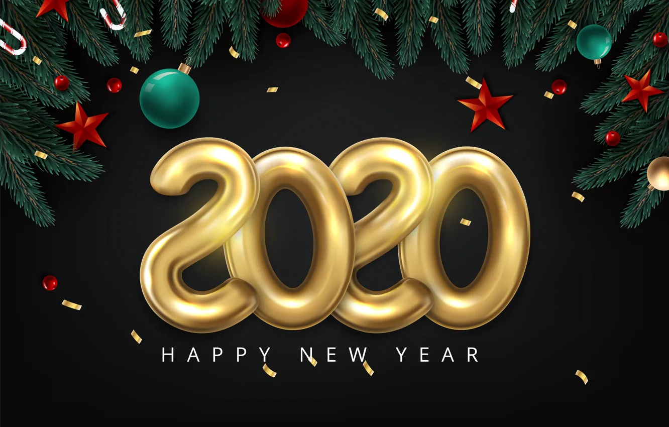 Photo wallpaper balls, branches, New year, stars, needles, the dark background, 2020