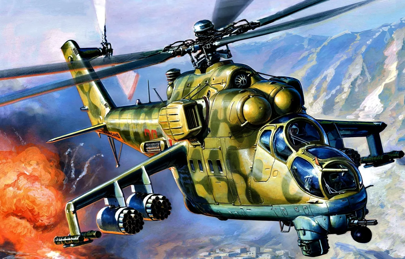 Photo wallpaper Mountains, The explosion, THE SOVIET AIR FORCE, Mi-24V, The war in Afghanistan, Soviet attack helicopter, …