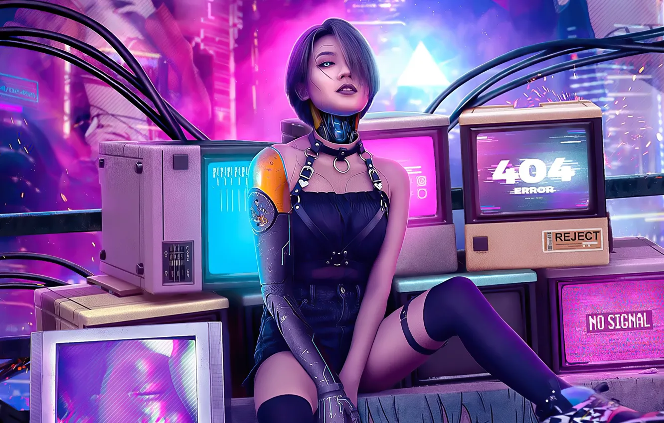 Photo wallpaper sexy, future, the game, robot, technology, sparks, sexy, robot, monitors, error 404, cyberpunk 2077, neon …