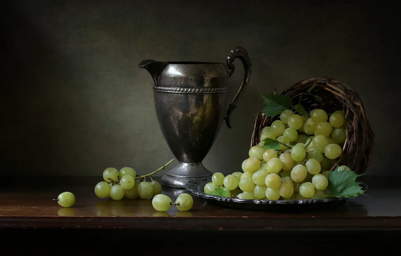 Photo wallpaper style, grapes, pitcher, still life, basket, bunches