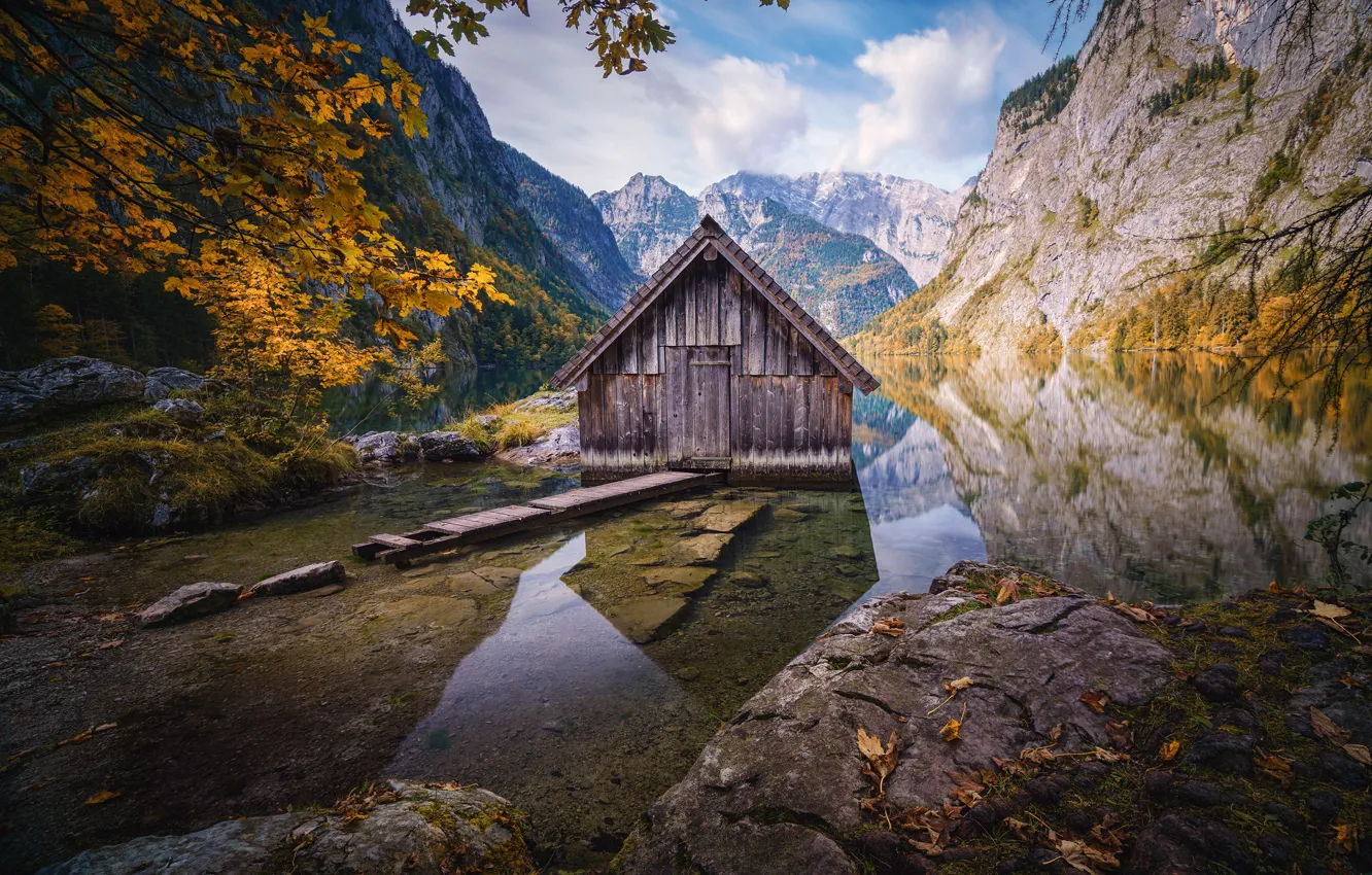 Photo wallpaper autumn, landscape, mountains, nature, lake, Germany, Bayern, Alps, house, Obersee, Obersee