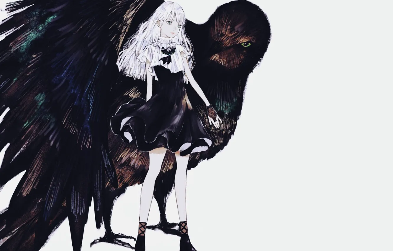 Photo wallpaper girl, grey background, white hair, black dress, mitts, black Raven
