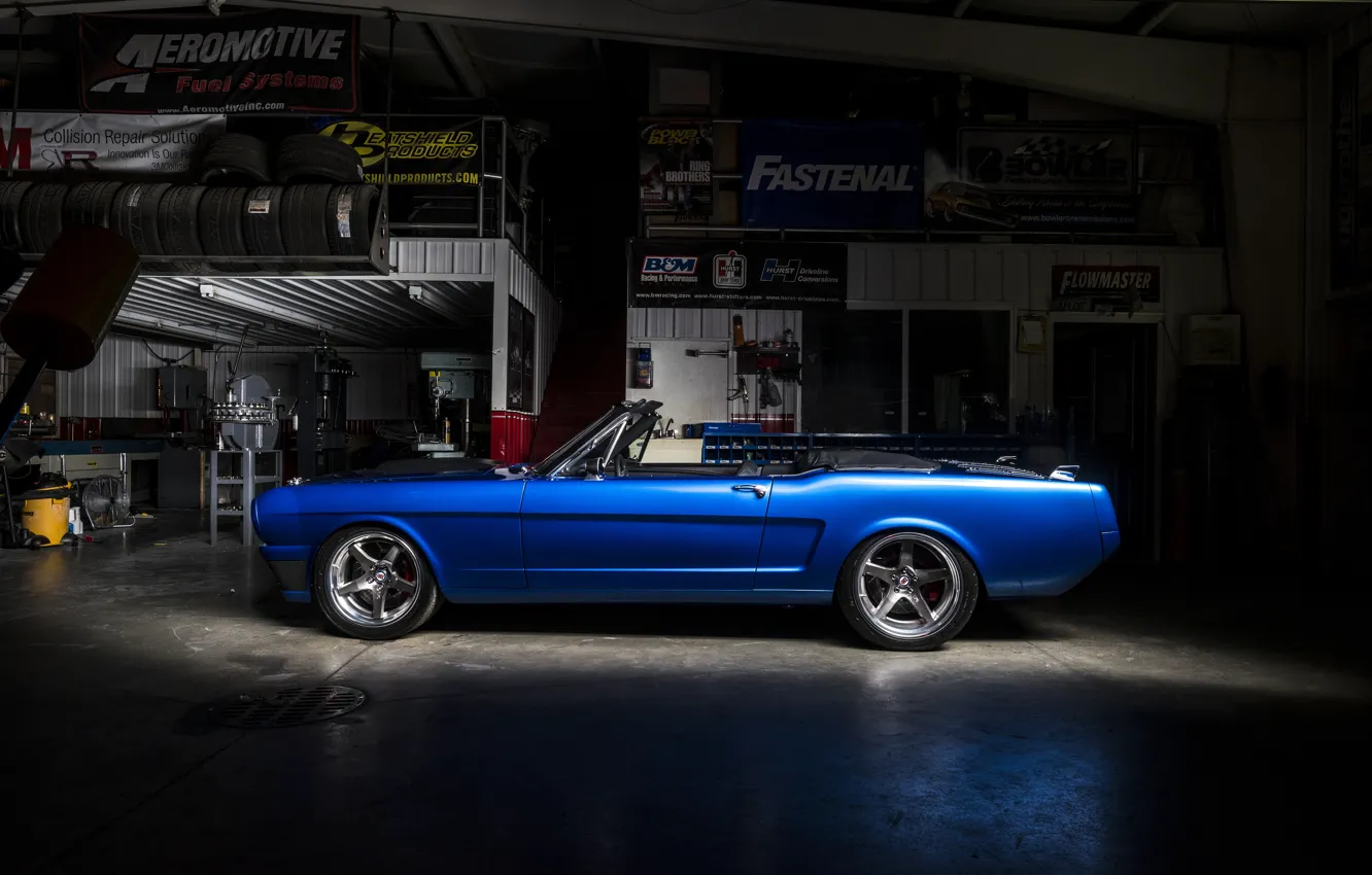 Photo wallpaper Mustang, Ford, Ford Mustang, Blue, 1965, Side, Convertible, Garage, 2015, Ringbrothers, Ballistic, Mustang 1965
