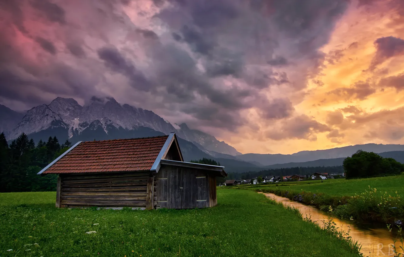 Photo wallpaper the storm, landscape, mountains, clouds, nature, stream, home, Germany, Bayern, Alps, meadows, municipality, Grainau