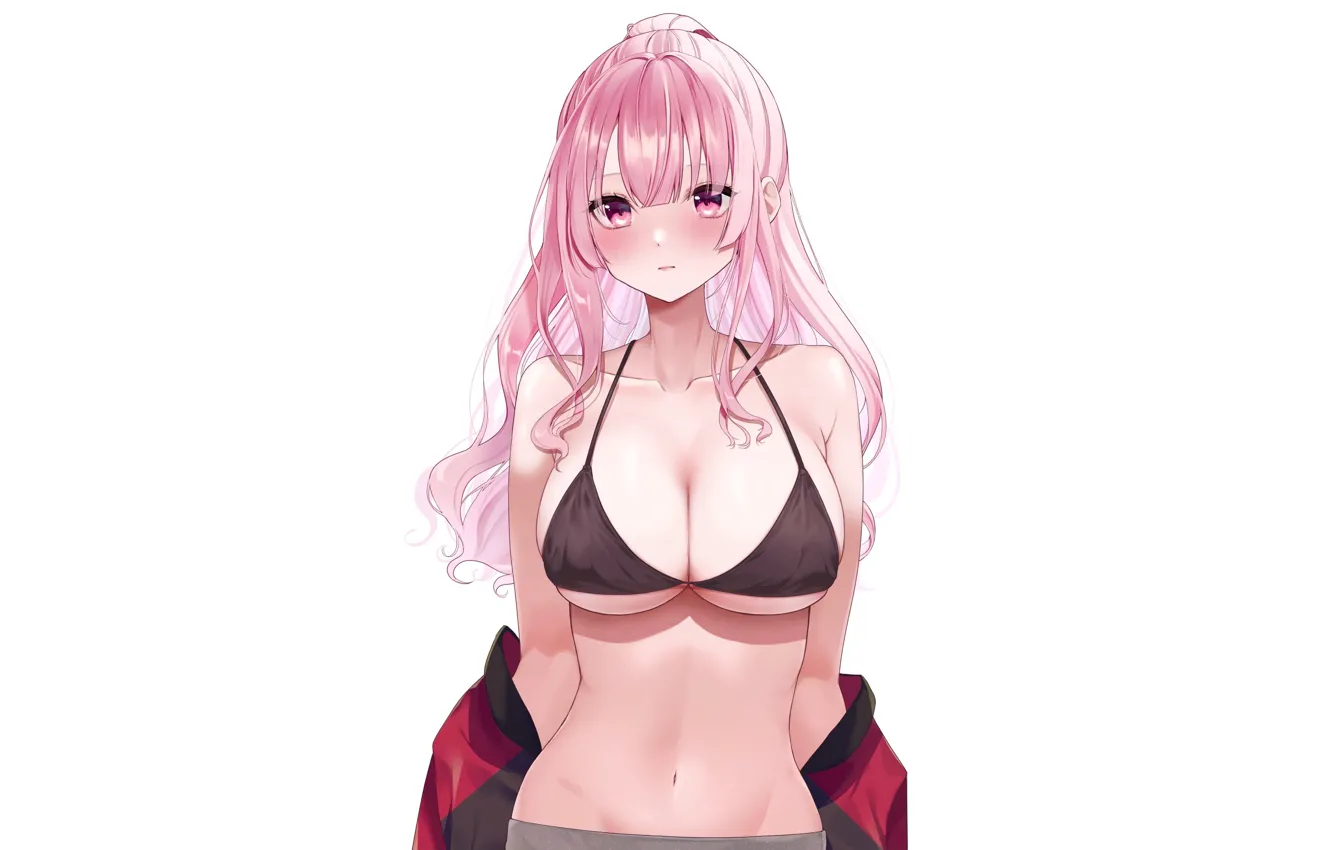 Photo wallpaper girl, hot, sexy, pink hair, boobs, anime, pretty, breasts, big boobs, babe, bikini, oppai, black …