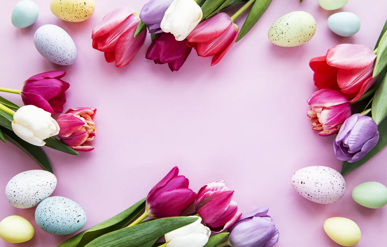 Photo wallpaper flowers, eggs, spring, colorful, Easter, tulips, happy, pink, flowers, tulips, spring, Easter, purple, eggs, decoration