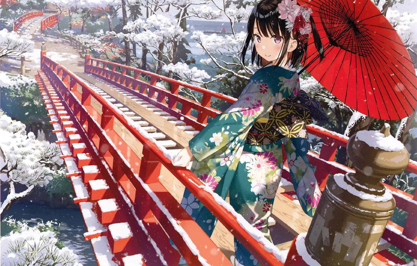 Photo wallpaper girl, kimono, red umbrella, winter landscape, flower in hair, turned, wooden bridge, the snow on …