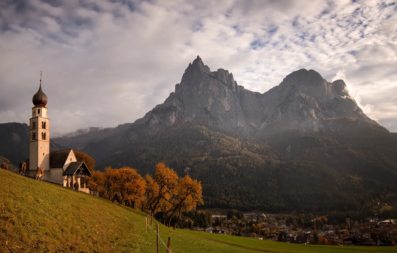 Photo wallpaper autumn, landscape, mountains, nature, slope, Italy, forest, the bell tower, Church, The Dolomites, Georgi Mitev