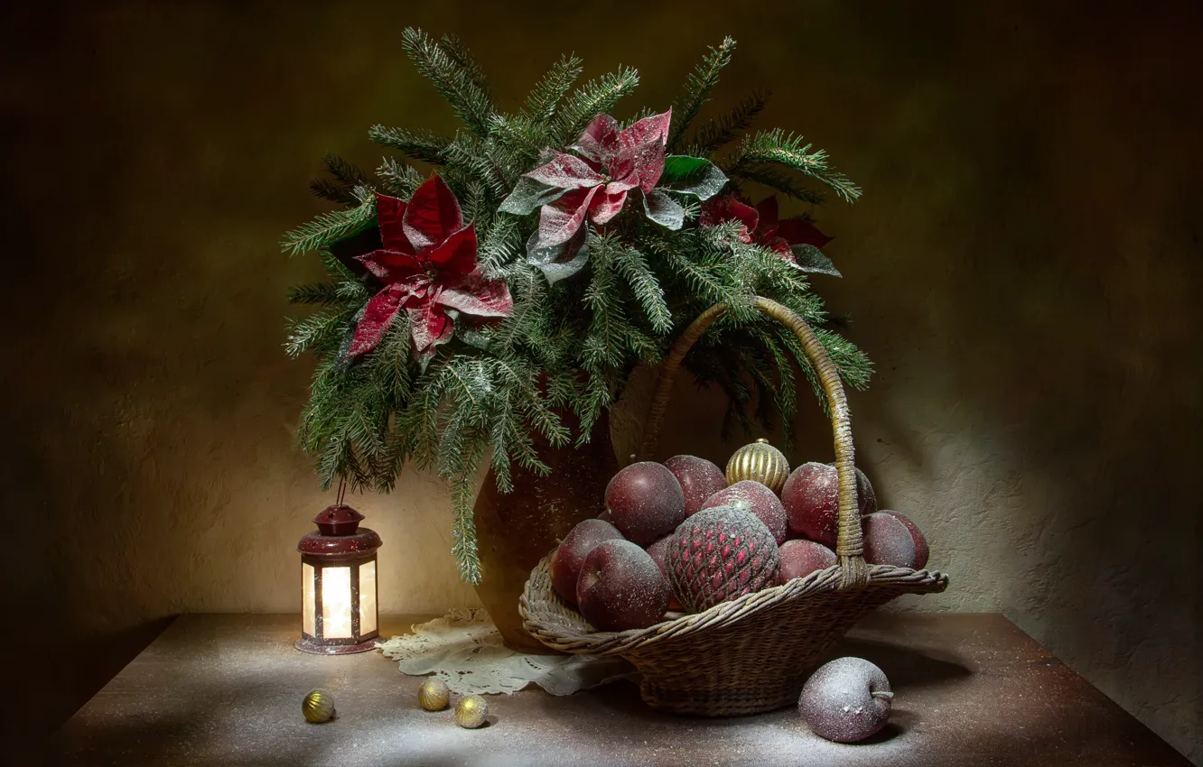 Photo wallpaper balls, flowers, branches, holiday, balls, apples, Christmas, spruce, lantern, vase, fruit, still life, basket, napkin, …