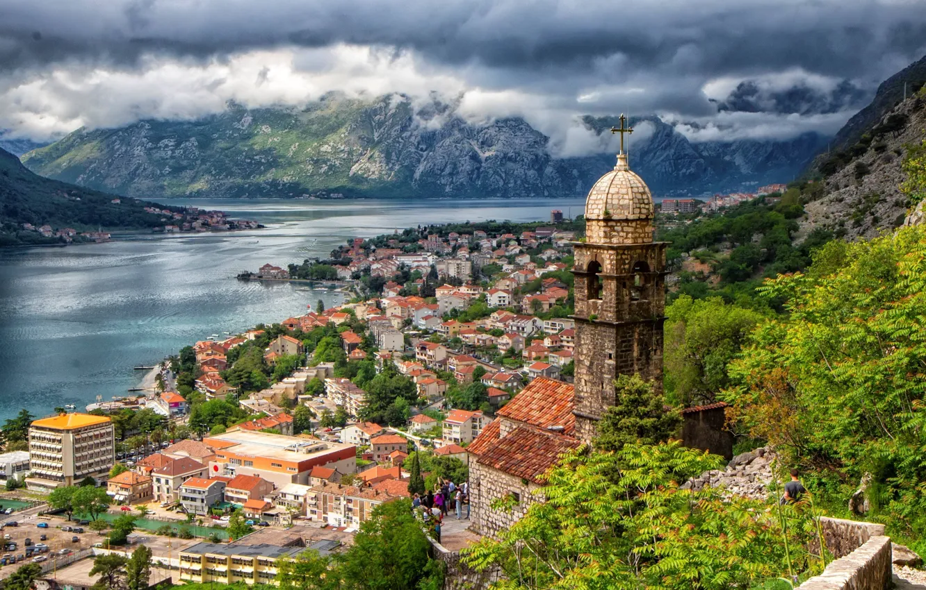 Photo wallpaper clouds, mountains, building, tower, home, Church, panorama, Bay, Montenegro, To, Montenegro, Kotor Bay, Kotor, Bay …