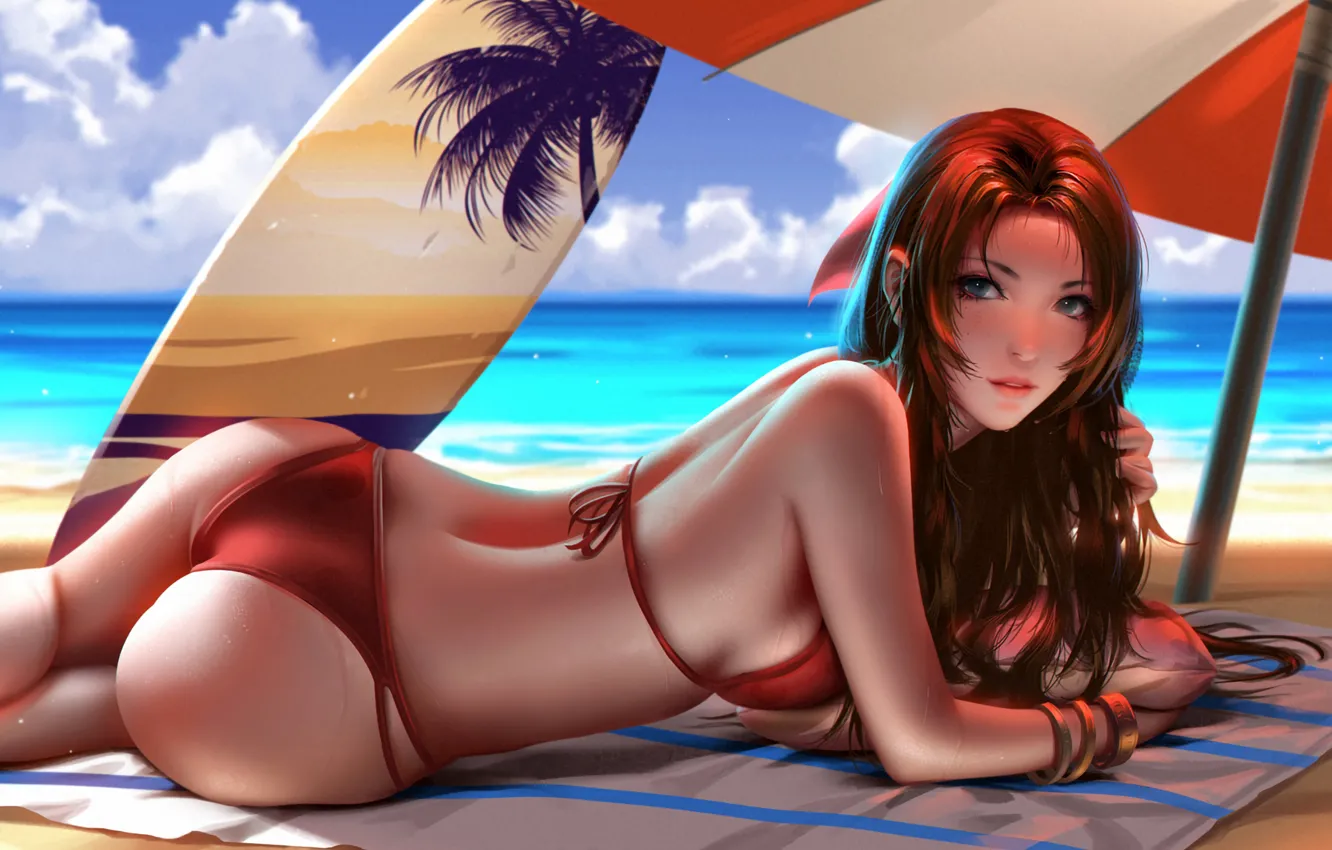 Photo wallpaper girl, sexy, ass, Final Fantasy, beach, long hair, sea, boobs, anime, beautiful, pretty, redhead, erotic, …