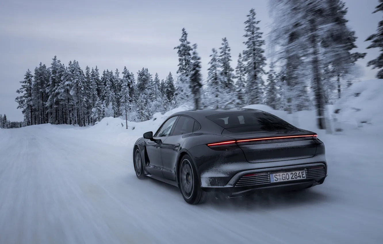 Wallpaper snow, black, Porsche, winter road, 2020, Taycan