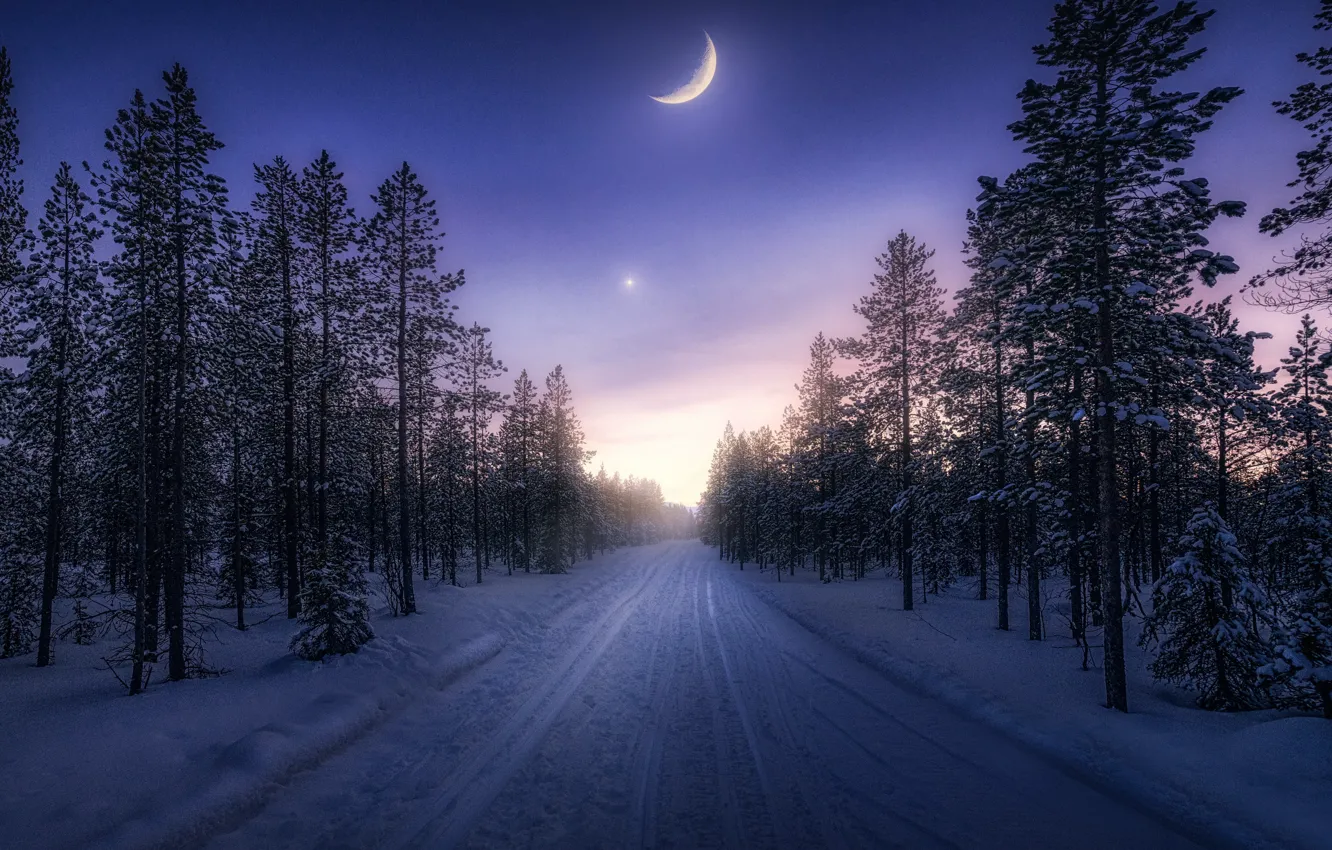 Wallpaper winter, road, the moon images for desktop, section природа -  download