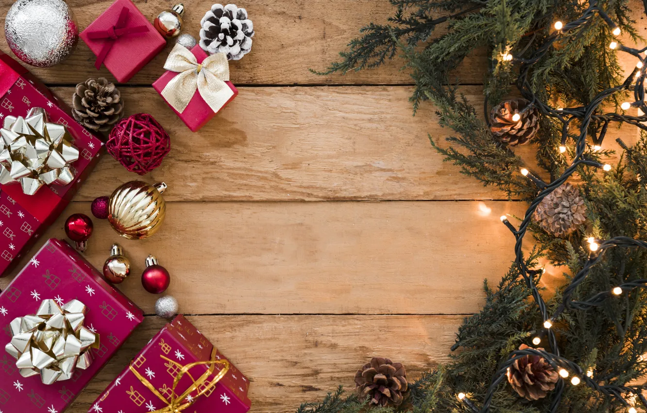 Photo wallpaper decoration, New Year, Christmas, gifts, Christmas, wood, New Year, gift, decoration, Merry, fir tree, fir-tree …