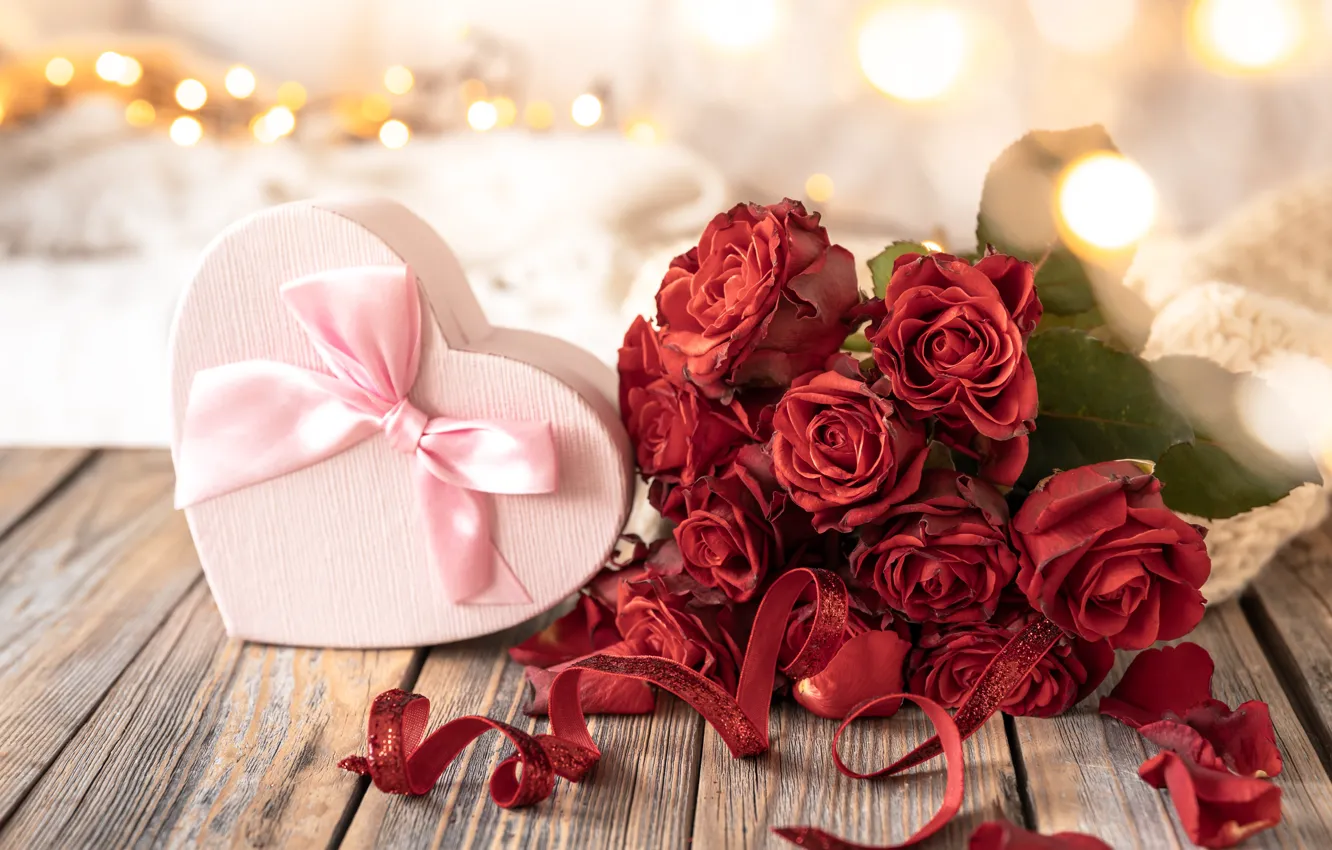 Photo wallpaper flowers, style, gift, heart, bouquet, Valentine's Day, Valentine's Day, red roses