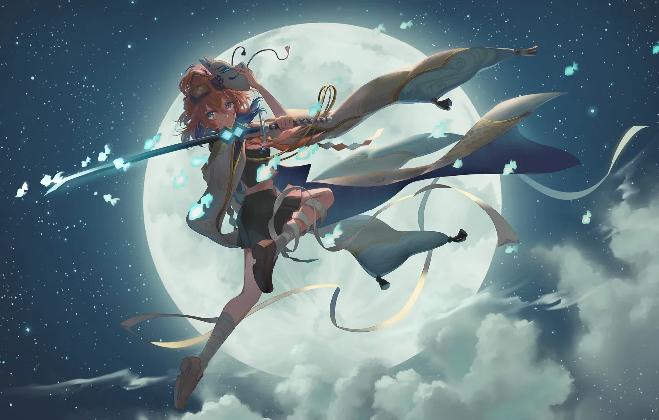 Photo wallpaper the sky, girl, fish, night, the moon, sword
