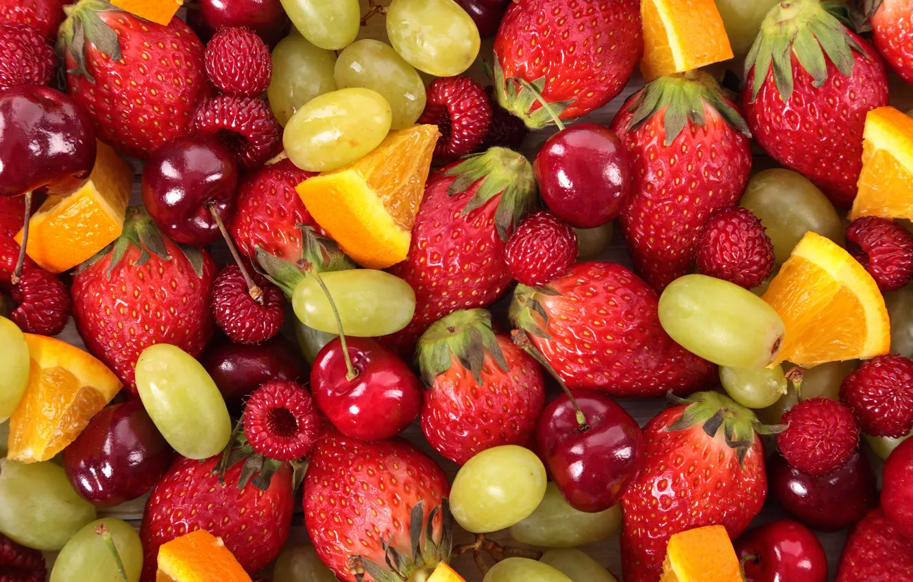Photo wallpaper berries, raspberry, orange, strawberry, grapes, fruit, cherry