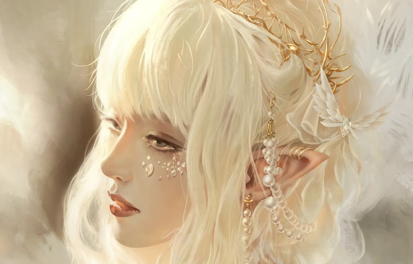 Wallpaper face, rhinestones, elf, white hair, art, pearls, hair ornaments,  bangs, pointy, elf girl, Free Chien images for desktop, section фантастика  - download