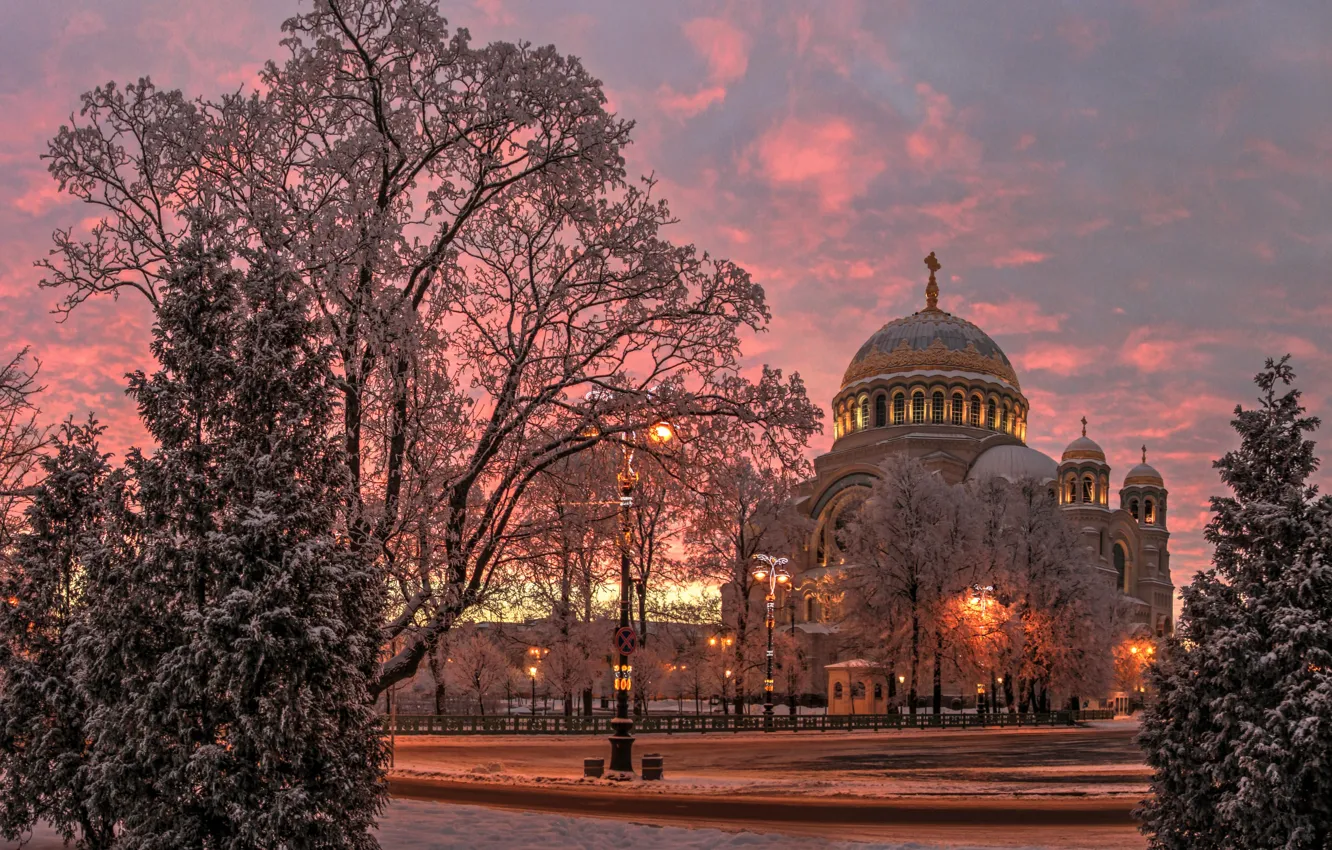 Photo wallpaper winter, snow, trees, landscape, the city, the evening, Peter, Saint Petersburg, Kronstadt, Nikolsky Cathedral, Сергей …