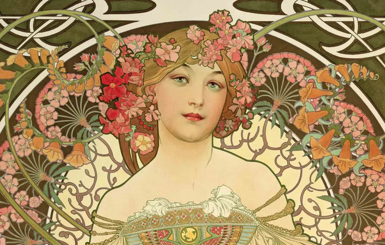 Wallpaper Figure Painting Composition Female Images Alphonse Mucha Alfons Maria Mucha Beauty With Flowers Images For Desktop Section Zhivopis Download