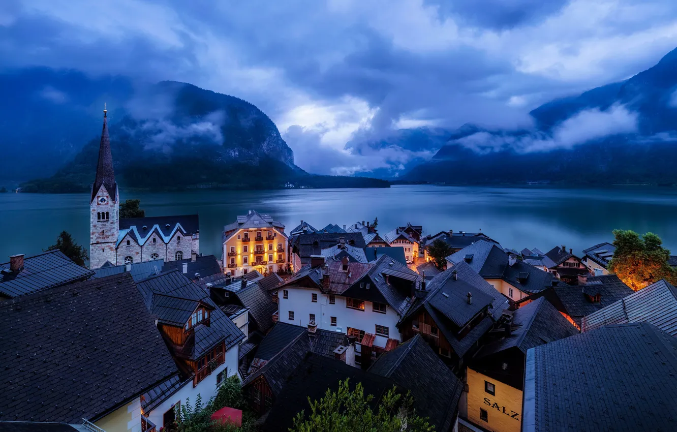 Photo wallpaper lights, twilight, sky, landscape, nature, Germany, sunset, mountains, clouds, lake, evening, houses, village, architecture, clock, …