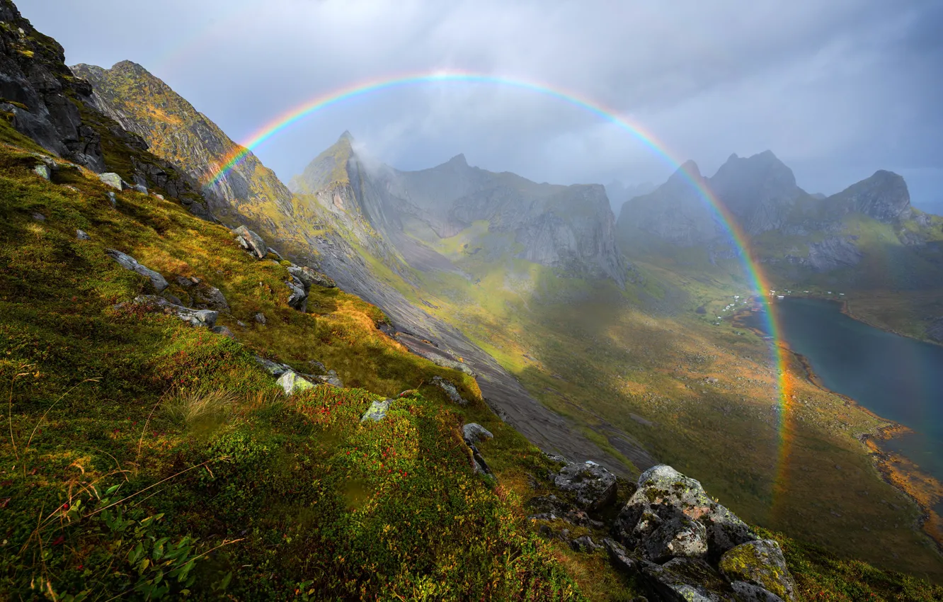 Photo wallpaper mountains, rainbow, slope