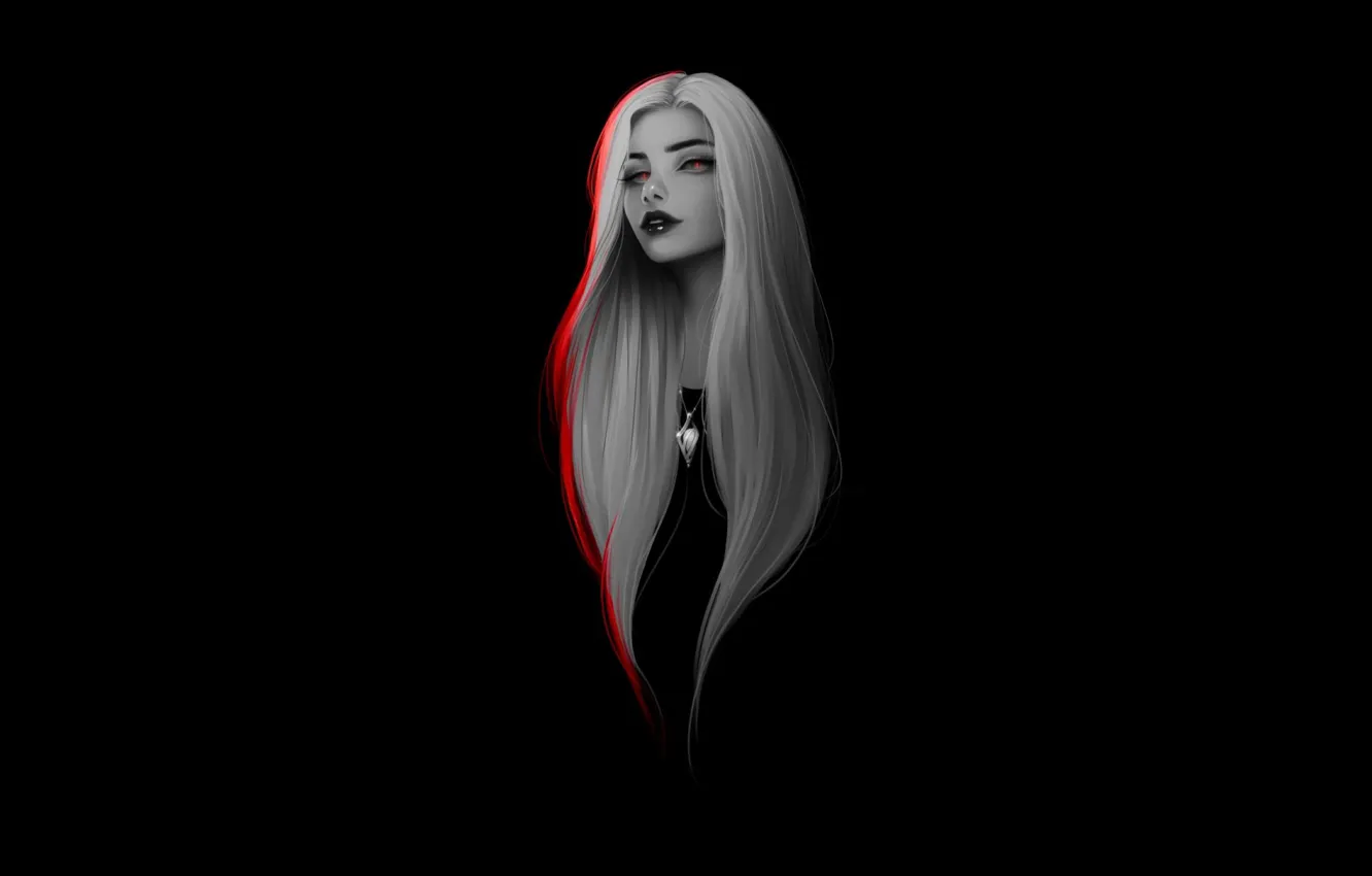 Wallpaper Girl, dark, long hair, minimalism, red eyes, artwork, black  background, necklace, white hair, simple background images for desktop,  section минимализм - download