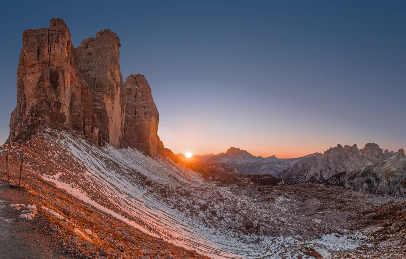 Photo wallpaper winter, the sun, rays, snow, mountains, dawn, tops, view, morning, Alps, panorama, The Dolomites