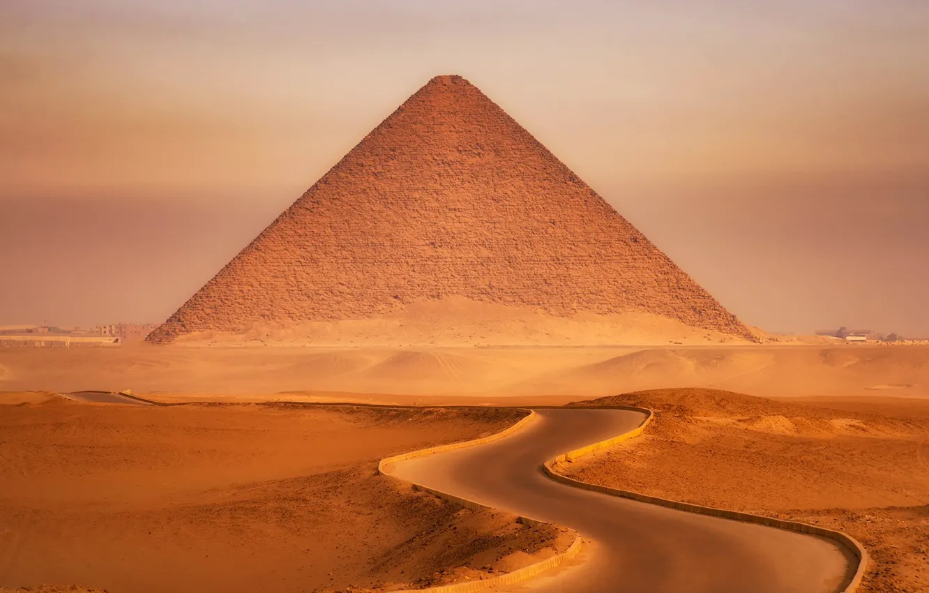 Photo wallpaper road, desert, landscape, Egypt, sand, pyramid, dunes, monument, Giza, Cairo