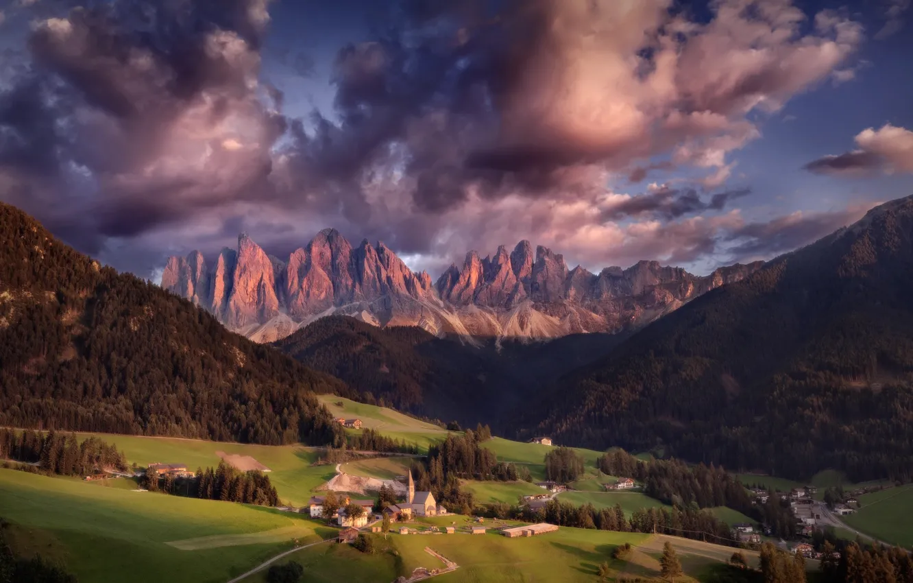Photo wallpaper clouds, mountains, valley, Alps, Italy, the village