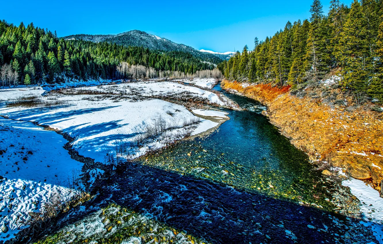 Photo wallpaper winter, forest, snow, mountains, river, CA, California, Trinity Alps, Stuart Fork Trinity River, Stuart Fork