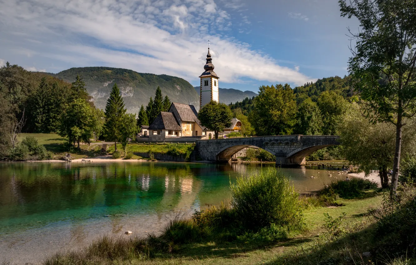 Photo wallpaper landscape, mountains, nature, lake, Church, Slovenia, Bohinj