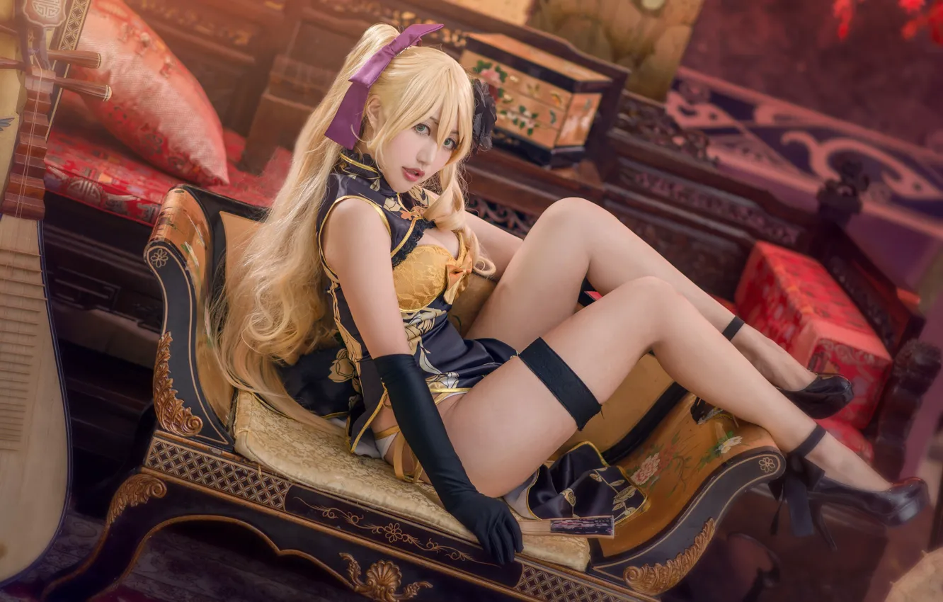 Photo wallpaper look, girl, face, sexy, pose, style, room, sofa, feet, furniture, interior, blonde, costume, shoes, outfit, …