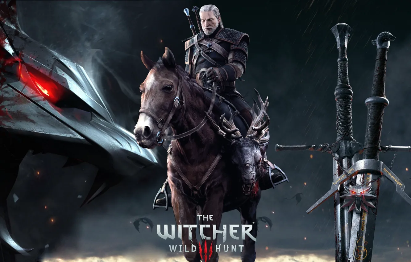 Photo wallpaper Horse, Swords, The Witcher, Geralt, Geralt of Rivia, Butcher Blaviken, Gwynbleidd, White Wolf, Rider, The …