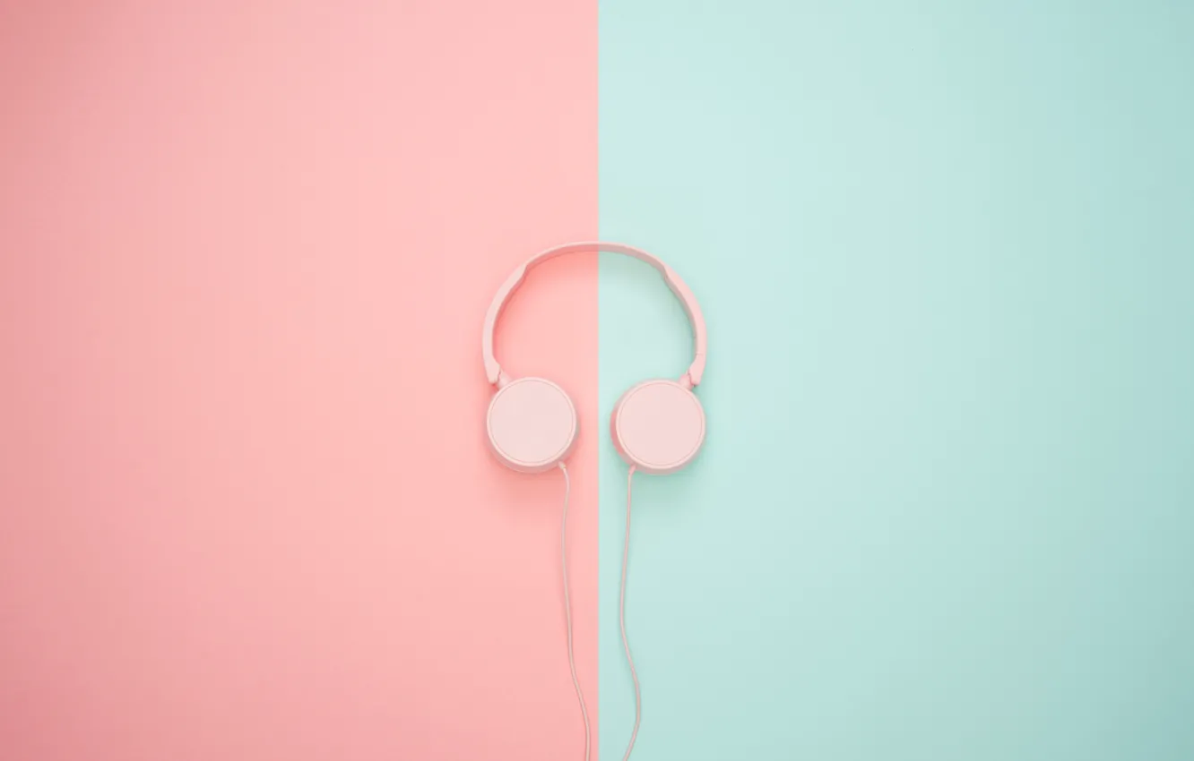 Wallpaper music, background, pink, blue, half, wire, minimalism,  headphones, pink, in half images for desktop, section минимализм - download