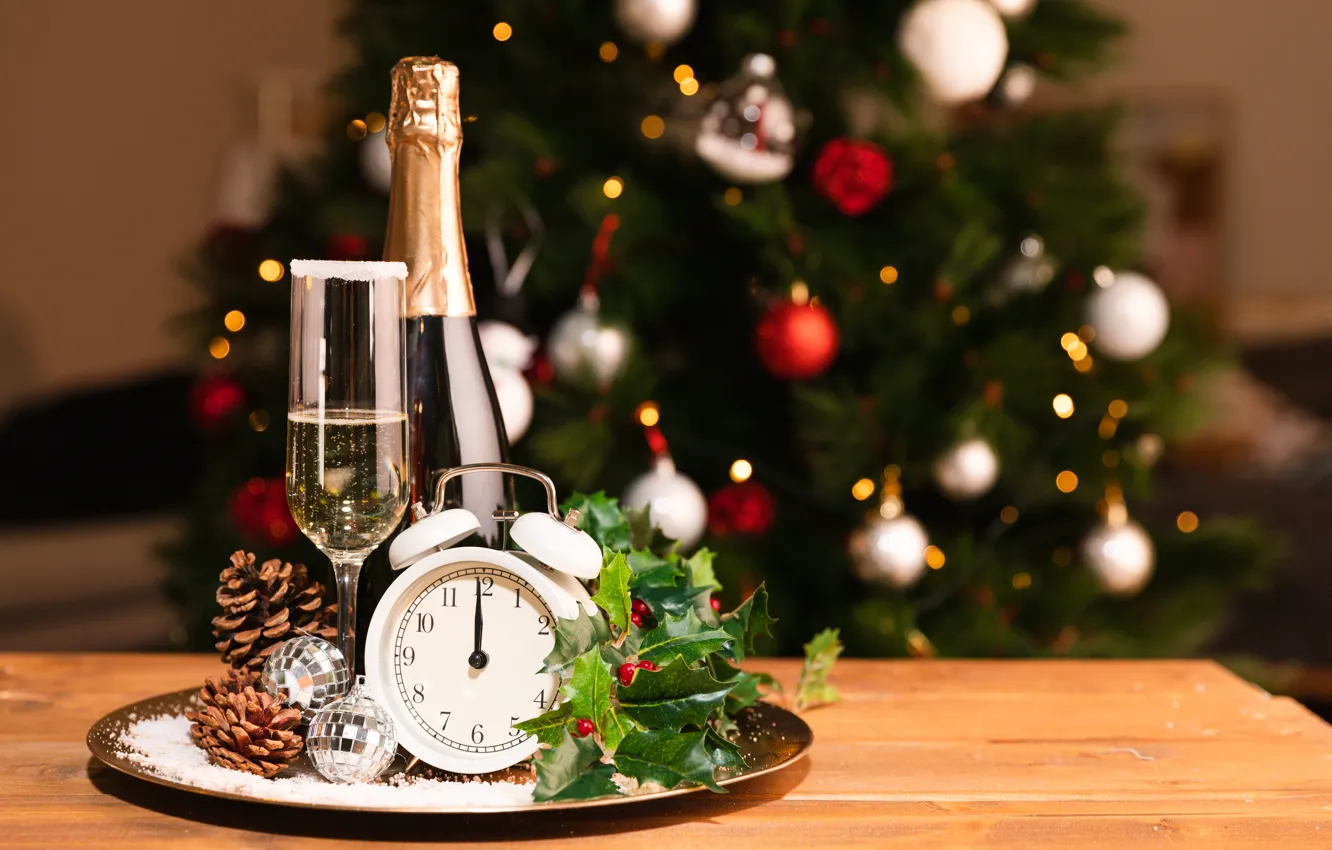 Photo wallpaper balls, watch, bottle, alarm clock, New year, tree, champagne, bumps, glass, Holly