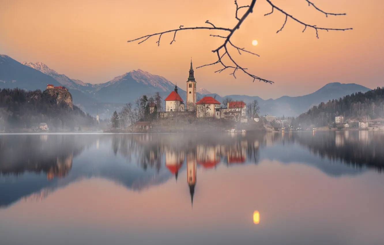 Photo wallpaper mountains, lake, reflection, island, branch, Slovenia, Lake Bled, Slovenia, Lake bled, Bled, Assumption of Mary …