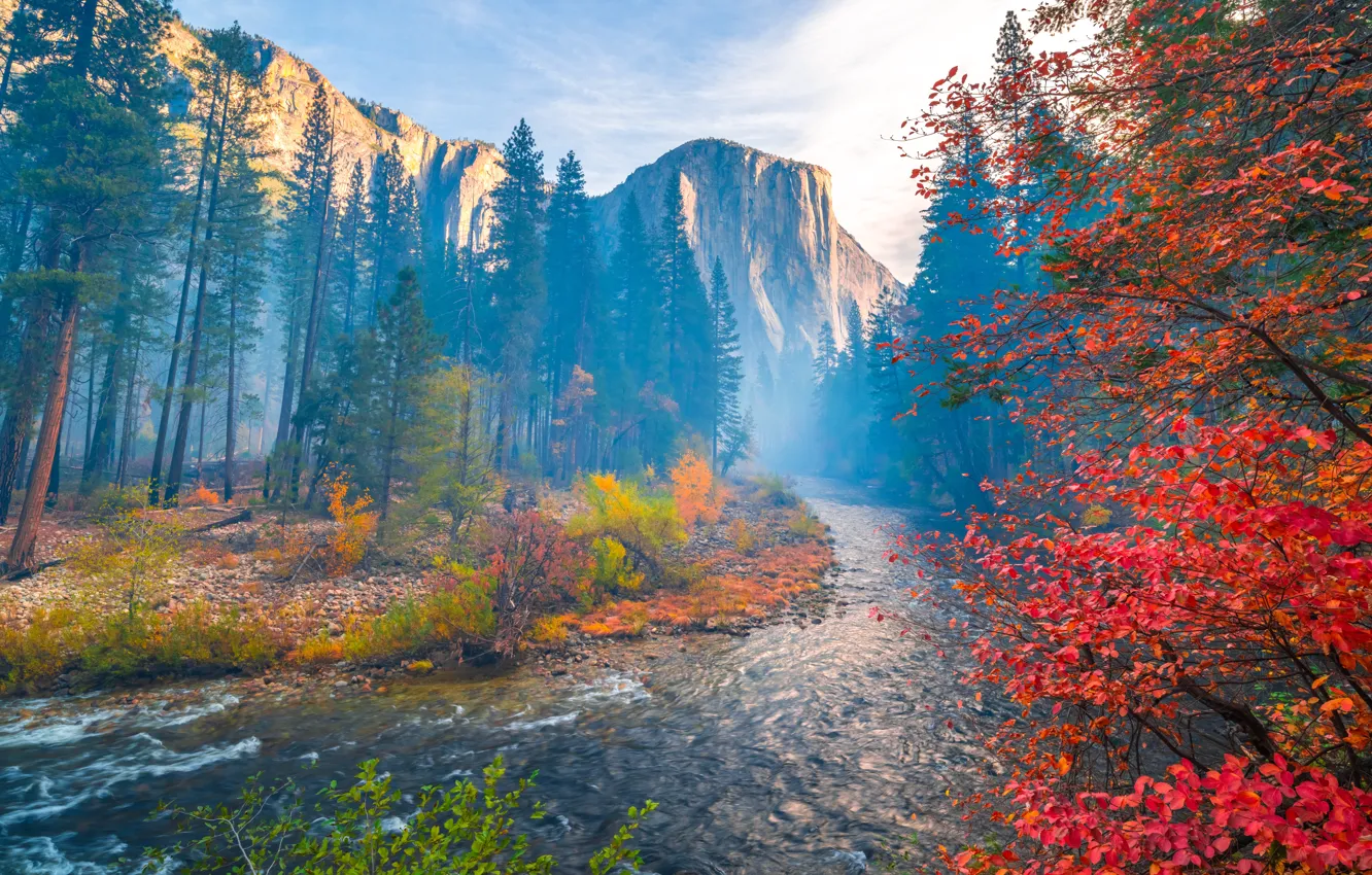 Photo wallpaper autumn, trees, mountains, river, CA, California, Yosemite Valley, Yosemite national Park, Yosemite National Park, Sierra …