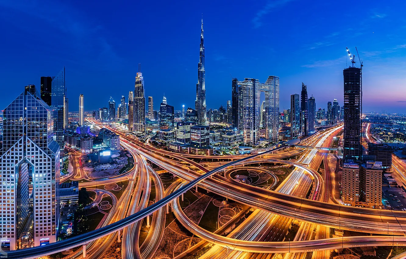 Photo wallpaper building, road, home, Dubai, night city, Dubai, skyscrapers, UAE, Burj Khalifa, Burj Khalifa, UAE, Sheikh …