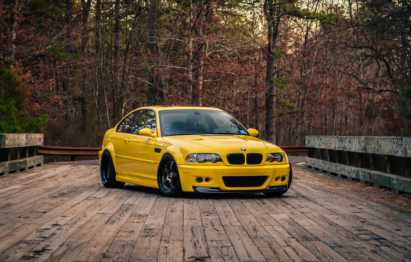 Photo wallpaper BMW, Yellow, E46, M3, Wooden bridge